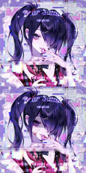 Rule 34 | 1girl, aegyo sal, ame-chan (needy girl overdose), black hair, black nails, black ribbon, blood, blood on face, blood on hands, closed mouth, commission, hair ornament, hair over one eye, hand up, highres, holding, holding phone, licking, long hair, looking at viewer, lsd, nail polish, neck ribbon, needy girl overdose, phone, pill, pill bottle, purple eyes, red nails, red shirt, ribbon, sample watermark, shaded face, shirt, shuixiaozi, smile, solo, suspenders, tongue, tongue out, twintails, upper body, watermark, x hair ornament