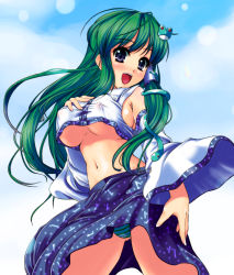 Rule 34 | 1girl, blush, breasts, cameltoe, covered erect nipples, detached sleeves, female focus, frog, green eyes, green hair, hair ornament, highres, johnny (from scratch), kochiya sanae, large breasts, long hair, matching hair/eyes, navel, open mouth, panties, shirt, sideboob, smile, solo, striped clothes, striped panties, taut clothes, taut shirt, touhou, underboob, underwear