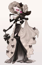 Rule 34 | 1boy, absurdres, alternate costume, angel dust, artist name, black bow, black dress, black footwear, black gloves, black hat, black umbrella, body fur, boots, bow, bracelet, clothes lift, colored sclera, commentary, crossdressing, dress, dress lift, english commentary, extra arms, formal, frilled dress, frills, full body, gloves, glowing, glowing eyes, gold teeth, grin, hand on own chest, hand on own hip, hat, hazbin hotel, high heel boots, high heels, highres, holding, holding umbrella, jewelry, lanveril, long sleeves, looking at viewer, male focus, mixed-language commentary, monster boy, pink eyes, ring, sharp teeth, simple background, smile, solid eye, solo, standing, teeth, thigh boots, twitter username, umbrella, white background, white fur, yellow sclera