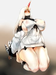 Rule 34 | 1girl, bare shoulders, black background, boots, breasts, claws, closed mouth, collar, covered erect nipples, covered navel, detached sleeves, dress, full body, glowing, glowing eyes, gradient background, grey background, highres, horns, huge breasts, kantai collection, kneeling, legs, long hair, looking to the side, orange eyes, seaport princess, sideboob, single horn, solo, thighs, white dress, white hair, zcune