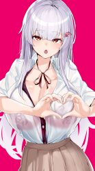 Rule 34 | 1girl, absurdres, blush, breasts, cleavage, collarbone, commentary, heart, heart-shaped boob challenge, heart hands, highres, large breasts, long hair, looking at viewer, maruyaa (malya1006), open mouth, orange eyes, original, school uniform, solo, white hair
