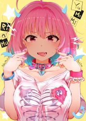 Rule 34 | 1girl, ahoge, arrow (symbol), belt buckle, belt collar, blue hair, blush, breasts, buckle, character name, collar, collarbone, commentary request, earrings, fang, finger to face, fingernails, gomennasai, hair between eyes, heart, heart-shaped pupils, heart collar, heart on chest, idolmaster, idolmaster cinderella girls, jewelry, keyhole, large breasts, multicolored hair, pill, pill earrings, pink collar, pink hair, red eyes, shirt, short sleeves, skeleton print, solo, star (symbol), sweat, symbol-shaped pupils, t-shirt, tongue, tongue out, two-tone hair, upper body, v-shaped eyebrows, white shirt, yellow background, yumemi riamu