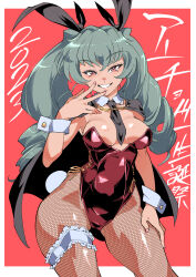 Rule 34 | 1girl, absurdres, anchovy (girls und panzer), animal ears, birthday, black cape, black necktie, black ribbon, blush, breasts, cape, cleavage, commentary request, curvy, dated, detached collar, drill hair, fake animal ears, fake tail, fishnet pantyhose, fishnets, girls und panzer, green hair, grin, hair ribbon, highleg, highleg leotard, highres, leotard, long hair, looking at viewer, medium breasts, necktie, outline, outside border, pantyhose, playboy bunny, rabbit ears, rabbit tail, red eyes, red leotard, ribbon, shinkuukan (tetsuo3), shiny skin, side-tie leotard, smile, solo, standing, strapless, strapless leotard, tail, teeth, twin drills, twintails, very long hair, white outline, wide hips, wrist cuffs