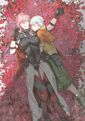 Rule 34 | 10s, 1boy, 1girl, boots, cape, final fantasy, final fantasy xiii, flower, hope estheim, lightning farron, lightning returns: final fantasy xiii, lying, moni, on back, on side, petals, pink hair, rose, rose petals, silver hair, sleeping, spooning, thigh boots, thighhighs