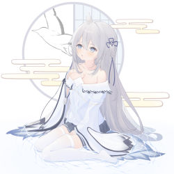 Rule 34 | 1girl, absurdres, animal, azur lane, bare shoulders, bird, black skirt, blue eyes, breasts, cleavage, collarbone, commentary request, egasumi, feather-trimmed sleeves, grey hair, hair between eyes, hand up, highres, long hair, long sleeves, medium breasts, no shoes, off-shoulder shirt, off shoulder, parted lips, pleated skirt, roido (taniko-t-1218), shallow water, shirt, sitting, skirt, sleeves past wrists, solo, thighhighs, umikaze (azur lane), very long hair, wariza, water, white background, white shirt, white thighhighs, wide sleeves