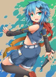 Rule 34 | 1girl, aqua eyes, bare shoulders, black thighhighs, blue hair, detached sleeves, hair ornament, knife, long sleeves, looking at viewer, midriff, open clothes, open mouth, open vest, original, over-kneehighs, scarf, shorts, smile, solo, strapless, thighhighs, thighs, tube top, uumaru1869, vest