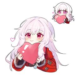Rule 34 | 1girl, blush, chibi, clara (honkai: star rail), closed mouth, coat, hair between eyes, heart, highres, holding, holding heart, honkai: star rail, honkai: star rail sticker redraw (meme), honkai (series), long hair, long sleeves, looking at viewer, meme, hugging object, red coat, red eyes, reference inset, simple background, smile, solo, upper body, vyvee20, white background, white hair