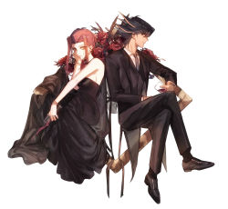 Rule 34 | 1boy, 1girl, absurdres, back-to-back, black dress, black footwear, black hair, black jacket, black legwear, black pants, black vest, blonde hair, bracelet, breasts, brown eyes, closed mouth, collared shirt, crossed legs, dress, earrings, flower, fudo yusei, grey necktie, hair intakes, head rest, highres, holding, izayoi aki, jacket, jewelry, long dress, long hair, long sleeves, medium breasts, multicolored hair, naoki (2rzmcaizerails6), necktie, open clothes, open jacket, pants, profile, red flower, red hair, red rose, rose, shirt, short hair with long locks, sidelocks, simple background, sleeveless, sleeveless dress, socks, spiked hair, strapless, strapless dress, two-tone hair, vest, white background, white shirt, wing collar, yu-gi-oh!, yu-gi-oh! 5d&#039;s