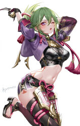 Rule 34 | 1girl, absurdres, black shirt, black thighhighs, breasts, commentary request, crop top, genshin impact, green hair, highres, jacket, kuki shinobu, long sleeves, looking at viewer, medium breasts, midriff, nail polish, navel, one eye closed, open clothes, open jacket, open mouth, pottsness, purple eyes, purple jacket, shirt, short shorts, shorts, solo, stomach, thighhighs, thighs, toenail polish, toenails