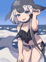 Rule 34 | 1girl, adjusting hair, alternate costume, an-chan (ananna0315), bare arms, bare legs, bare shoulders, bikini, black bikini, black hair, blue choker, blue eyes, blue nails, blush, bow, cetacean tail, choker, commentary request, fins, fish tail, grey hair, grey one-piece swimsuit, hair bow, highres, kemono friends, looking at viewer, midriff, multicolored hair, nail polish, narwhal (kemono friends), navel, one-piece swimsuit, short hair, short hair with long locks, solo, swimsuit, tail, two-tone hair