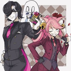 Rule 34 | 1girl, androgynous, android, animal ears, black hair, cat ears, flower, formal, gift, highres, mad mew mew, magical girl, mettaton, napstablook, pink hair, suit, tail, undertale