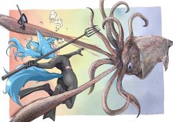 Rule 34 | 1girl, afloat, animal ears, attack, blue eyes, blue hair, bodysuit, border, commentary request, diving mask, diving suit, doitsuken, flippers, floating hair, from behind, giant squid, goggles, hair bubbles, harpoon, highres, holding, holding weapon, long hair, looking at viewer, original, outside border, ponytail, snorkel, squid, tail, torn clothes, underwater, weapon, white border, wide-eyed