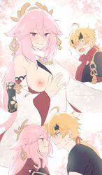 Rule 34 | 1boy, 1girl, ahoge, animal ears, ayaka (user vumz4832), bare shoulders, black shirt, blonde hair, blush, breasts, eye contact, face-to-face, fox ears, fox girl, genshin impact, green eyes, hair between eyes, hair ornament, half-closed eyes, headband, hetero, highres, jacket, japanese clothes, large breasts, long sleeves, looking at another, low ponytail, miko, nipples, one breast out, open mouth, pink hair, red jacket, seductive smile, shirt, smile, surprised, sweatdrop, teasing, thoma (genshin impact), wide sleeves, yae miko