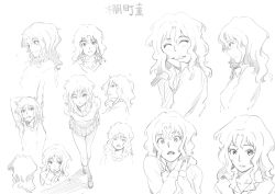 Rule 34 | 1girl, amagami, arm up, blazer, blush, character name, character sheet, expressions, from side, greyscale, grin, hana hook, jacket, leaning forward, crossed legs, long hair, messy hair, model sheet, monochrome, multiple views, one eye closed, open collar, open mouth, own hands together, school uniform, shadow, simple background, sketch, skirt, smile, stretching, tanamachi kaoru, translated, white background