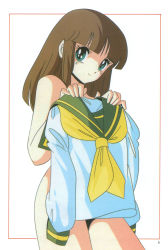 Rule 34 | 1980s (style), 1girl, absurdres, aqua eyes, brown hair, cream lemon, escalation, framed image, highres, holding, holding clothes, holding shirt, long hair, looking at viewer, official art, oldschool, retro artstyle, scan, shirt, smile, solo