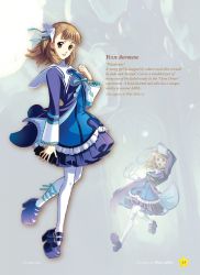 Rule 34 | 1girl, :d, :o, aqua ribbon, artbook, blonde hair, blue dress, bracelet, brown eyes, capelet, character name, character sheet, concept art, dress, english text, hair ribbon, jewelry, layered dress, looking at viewer, map, multiple views, official art, ooba wakako, open mouth, pantyhose, purple dress, ribbon, ring, short hair, smile, teeth, text focus, white background, white pantyhose, wild arms, wild arms 4, yulie ahtreide