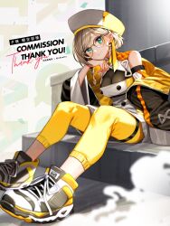 Rule 34 | 1girl, aqua eyes, blonde hair, blush, braid, commission, copyright request, earrings, edajima denki, glasses, hat, highres, jacket, jewelry, open clothes, open jacket, pants, round eyewear, shoes, short hair, side braid, skeb commission, smile, sneakers, solo, thank you, yellow pants