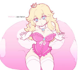 Rule 34 | 1girl, arm support, artist name, blonde hair, blue eyes, breasts, brooch, character name, cleavage, closed mouth, collarbone, crown, dan heron, elbow gloves, eyelashes, frilled leotard, frills, gloves, jewelry, large breasts, leotard, lips, long hair, looking at viewer, mario (series), mini crown, nintendo, pendant, pink leotard, polka dot, princess peach, ribbon, simple background, sleeveless, solo, super mario bros. 1, thighhighs, white background, white gloves, white thighhighs