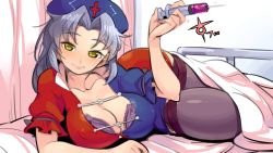 Rule 34 | 1girl, akuma (akuma0907), bad anatomy, blanket, blush, bra, breasts, cleavage, cleavage cutout, clothing cutout, collarbone, covered erect nipples, dress, female focus, green eyes, grey hair, hat, image sample, large breasts, long hair, looking at viewer, lying, nurse cap, on bed, on side, puffy sleeves, resolution mismatch, short dress, short sleeves, smile, solo, source larger, syringe, thighhighs, touhou, underwear, yagokoro eirin