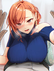 Rule 34 | 1boy, 1girl, ahoge, arisugawa natsuha, asymmetrical bangs, blue sweater, blush, braid, breast rest, breasts, breath, brown eyes, clothing cutout, commentary request, covered erect nipples, earrings, heavy breathing, idolmaster, idolmaster shiny colors, jewelry, large breasts, long hair, looking at viewer, no bra, nose blush, open mouth, orange hair, pov, ribbed sweater, short sleeves, shoulder cutout, single bare shoulder, smile, sweater, swept bangs, trembling, yukiru akitera