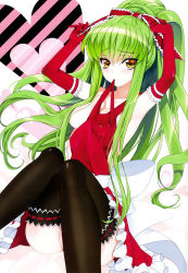 Rule 34 | 1girl, adjusting hair, armpits, arms up, bare shoulders, black thighhighs, breasts, c.c., cleavage, code geass, convenient leg, creayus, dress, dutch angle, elbow gloves, gloves, green hair, hair censor, hair ribbon, heart, highres, jpeg artifacts, mouth hold, non-web source, ponytail, red dress, red gloves, ribbon, scan, sitting, solo, thighhighs, tying hair, yellow eyes