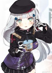 Rule 34 | 1girl, beret, black hat, black skirt, blurry, blurry background, blush, breasts, bubble tea, commentary request, copyright name, cup, depth of field, disposable cup, drinking straw, eyebrows hidden by hair, facial mark, floating hair, girls&#039; frontline, gloves, green eyes, hair ornament, hands up, hat, hk416 (girls&#039; frontline), holding, holding cup, jacket, kawaii rowa, long hair, long sleeves, looking at viewer, medium breasts, parted lips, pleated skirt, purple jacket, silver hair, skindentation, skirt, solo, twitter username, very long hair, white gloves