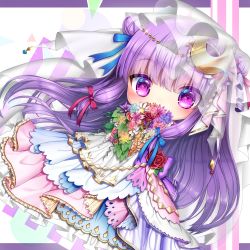 Rule 34 | 1girl, blue dress, blue ribbon, blunt bangs, blush, bouquet, chibi, covered mouth, crescent, crescent hair ornament, crescent pin, double bun, dress, flower, full body, hair bun, hair ornament, hair ribbon, heart, highres, layered dress, letterboxed, looking at viewer, multicolored clothes, multicolored dress, patchouli knowledge, pink dress, pink flower, purple eyes, purple flower, purple hair, purple ribbon, red flower, red ribbon, ribbon, sea scorpion (umisasori), see-through, solo, star (symbol), touhou, veil, wedding dress, white background, white dress, white flower