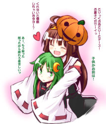 Rule 34 | 10s, 2girls, ^ ^, ahoge, brown hair, crescent, detached sleeves, closed eyes, green eyes, green hair, hairband, heart, hug, hug from behind, ichimi, jack-o&#039;-lantern, kantai collection, kongou (kancolle), multiple girls, nagatsuki (kancolle), open mouth, sleeves past wrists, smile, translation request