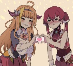 Rule 34 | 2girls, :3, = =, ahoge, blonde hair, blush, braid, breasts, cleavage, cleavage cutout, clothing cutout, covered navel, dragon girl, dragon horns, dragon tail, gloves, unworn gloves, grin, hairband, heart, heart hands, heart hands duo, hololive, horns, houshou marine, kiryu coco, kiryu coco (1st costume), kokoyashi, large breasts, multicolored hair, multiple girls, orange hair, pleated skirt, pointy ears, red hair, side braid, skirt, smile, streaked hair, tail, tears, twintails, two-tone hair, virtual youtuber, white gloves