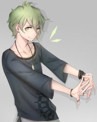 Rule 34 | 10s, 1boy, amami rantaro, bangle, bracelet, danganronpa (series), danganronpa v3: killing harmony, earrings, green eyes, green hair, grey background, highres, jewelry, looking at viewer, male focus, necklace, paxio44, ring, shirt, simple background, smile, striped clothes, striped shirt