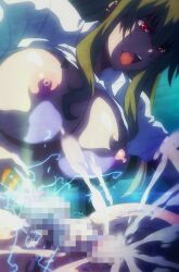 1girl anime_screenshot bdsm blonde_hair breasts cbt cum cum_explosion electricity highres nipples nurse open_mouth penis red_eyes sakusei_byoutou stitched tazer third-party_edit