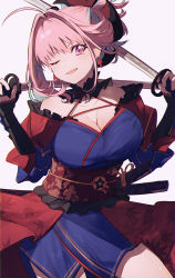 1girl absurdres blue_kimono breasts cleavage cosplay earrings fang fate_(series) hamachamu hands_up highres holding holding_sword holding_weapon huge_filesize idolmaster idolmaster_cinderella_girls japanese_clothes jewelry katana kimono large_breasts looking_at_viewer miyamoto_musashi_(fate) miyamoto_musashi_(fate)_(cosplay) miyamoto_musashi_(second_ascension)_(fate) one_eye_closed open_mouth pink_eyes pink_hair short_hair skin_fang solo sword thighs weapon yumemi_riamu