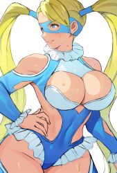 Rule 34 | 1girl, blonde hair, blue eyes, breasts, cleavage, cleavage cutout, clothing cutout, frills, hand on own hip, hifumi chiyoko, highres, impossible clothes, large breasts, leotard, mask, rainbow mika, shoulder cutout, side cutout, solo, street fighter, street fighter v, street fighter zero (series), thigh cutout, twintails, white background, wrestling mask, wrestling outfit