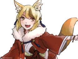 Rule 34 | 1girl, animal ears, blonde hair, brown hair, fang, fire emblem, fire emblem fates, fox ears, fox tail, fur trim, kumakosion, multicolored hair, nintendo, open mouth, selkie (fire emblem), simple background, smile, solo, tail, two-tone hair, white background, yellow eyes