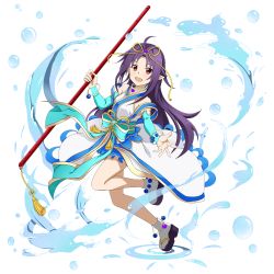 Rule 34 | 1girl, ahoge, anklet, bracelet, bubble, detached sleeves, full body, highres, holding, holding weapon, jewelry, long hair, looking at viewer, necklace, official art, outstretched arm, outstretched hand, platform footwear, pointy ears, polearm, purple hair, sandals, solo, sword art online, tabi, transparent background, water, weapon, yuuki (sao)