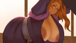 Rule 34 | 1girl, areola slip, bleach, blue eyes, breasts, chain necklace, cleavage, gigantic breasts, highres, huge areolae, huge breasts, jewelry, large areolae, large breasts, long hair, matsumoto rangiku, mature female, necklace, nipples, orange hair, pink scarf, scarf, shihakusho, smile, sohnno, tagme, veins, veiny breasts