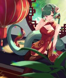 Rule 34 | 1girl, architecture, bell, black legwear, blunt bangs, blurry, blurry foreground, breasts, commentary request, dragon girl, dragon tail, dress, earrings, east asian architecture, green hair, hair ornament, hair tassel, highres, horns, indoors, jewelry, jingle bell, light rays, long hair, mao sakuramau, medium breasts, open mouth, original, pointy ears, print dress, red dress, red eyes, red tassel, round window, sitting, sleeveless, sleeveless dress, smile, tail, tassel, tassel hair ornament, window