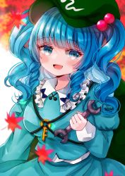 Rule 34 | 1girl, autumn leaves, bag, blue bow, blue eyes, blue hair, blue jacket, blue skirt, blurry, blush, bow, breasts, collared shirt, commentary request, drill hair, frills, green bag, green hat, hair bobbles, hair ornament, hand up, hat, holding, holding instrument, instrument, jacket, jaku sono, jewelry, juliet sleeves, kawashiro nitori, key, key necklace, leaf, long hair, long sleeves, looking to the side, medium breasts, necklace, open mouth, puffy long sleeves, puffy sleeves, shirt, signature, skirt, smile, solo, tongue, touhou, twintails, white background, white shirt, wrench