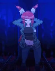Rule 34 | 1girl, animal ears, animated, ass, ass shake, belt, black shirt, blunt bangs, bouncing breasts, breasts, camouflage, camouflage jacket, cat ears, cat girl, cat tail, collarbone, crop top, dancing, denim, extra ears, hood, hoodie, jacket, jeans, kaenbyou rin, large breasts, long hair, looking at viewer, multiple tails, naughty face, navel, one eye closed, pants, pointy ears, red eyes, red hair, shirt, smile, solo, stomach, sunnysideup, tail, touhou, video, wink