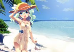 Rule 34 | 1girl, :d, alternate costume, aqua hair, armpits, bare shoulders, beach, blue eyes, blue sky, breasts, bush, cloud, collarbone, cowboy shot, day, dress, earrings, flower, hair between eyes, hand on headwear, hat, hat ribbon, holding, holding shoes, jewelry, komeiji koishi, long hair, looking at viewer, minamura haruki, open mouth, outdoors, pendant, ribbon, see-through silhouette, shoes, unworn shoes, sky, small breasts, smile, solo, sun hat, sundress, touhou, water, wavy hair, white dress