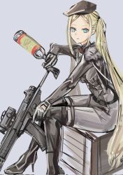 Rule 34 | 1girl, a-545 (girls&#039; frontline), alcohol, aqua eyes, assault rifle, belt, beret, black footwear, black gloves, blonde hair, bodysuit, boots, bottle, braid, breasts, closed mouth, expressionless, full body, girls&#039; frontline, gloves, grey bodysuit, gun, hair ornament, hairclip, hat, high heel boots, high heels, highres, holding, holding bottle, holding gun, holding weapon, knee boots, blue background, lithographica, long hair, looking at viewer, medium breasts, rifle, sitting, solo, twintails, vodka, weapon