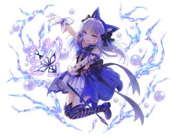 Rule 34 | 1girl, animal ears, bubble, cat ears, dress, fake animal ears, full body, gloves, holding, holding staff, ice, long hair, magic, million arthur (series), simple background, solo, staff, striped clothes, striped legwear, striped thighhighs, thighhighs, tongue, tongue out, transparent background, white background, white gloves, white hair