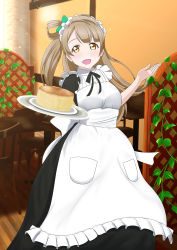 Rule 34 | 1girl, absurdres, apron, artist name, artist request, back bow, black bow, black bowtie, black dress, black skirt, blush, bow, bowtie, breasts, brown eyes, brown hair, cake, chair, collared dress, dress, female focus, food, frilled apron, frilled dress, frilled shirt collar, frilled skirt, frills, green bow, grey hair, hair bow, hair rings, highres, holding, holding plate, indoors, it&#039;s our miraculous time (love live!), light brown hair, long hair, looking at viewer, love live!, love live! school idol festival, love live! school idol festival all stars, love live! school idol project, maid, maid apron, maid headdress, minami kotori, miniskirt, parted lips, plaid, plaid dress, plaid skirt, plate, pleated, pleated dress, pleated skirt, ponytail, puffy short sleeves, puffy sleeves, restaurant, short sleeves, side ponytail, skirt, smile, solo, table, white apron, white bow, wing collar, yellow eyes