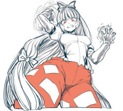 Rule 34 | 1girl, angry, baggy pants, bags under eyes, bow, breasts, clenched teeth, covered erect nipples, eyelashes, fang, fire, from below, fujiwara no mokou, hair bow, hair ribbon, long hair, long sleeves, medium breasts, ofuda, pants, red eyes, red pants, ribbon, shirt, solo, spacezin, suspenders, teeth, thick thighs, thighs, touhou, very long hair, wide hips