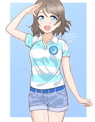 Rule 34 | 1girl, absurdres, artist request, blue eyes, collarbone, dolphin print, female focus, grey hair, highres, love live!, love live! sunshine!!, open mouth, salute, shirt, short hair, short pants, smile, solo, sweat, sweatdrop, watanabe you, wet
