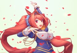 Rule 34 | 1girl, :d, animal ears, arm up, blue scrunchie, bow, bowtie, breasts, brown hair, daiwa scarlet (umamusume), epaulettes, fang, from side, hair intakes, hair ornament, hair scrunchie, highres, horse ears, horse girl, index finger raised, large breasts, light blue background, long hair, looking at viewer, nakaaki masashi, open mouth, petals, pointing, pointing up, red eyes, scrunchie, simple background, smile, solo, twintails, umamusume, very long hair