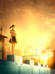 Rule 34 | 1girl, arm at side, backlighting, barefoot, black hair, black skirt, bow, bowtie, building, chain-link fence, cloud, collared shirt, evening, fence, highres, mamigo, original, outdoors, ponytail, pool, school uniform, shirt, short sleeves, skirt, sky, solo, standing, striped bow, striped bowtie, striped clothes, sunset, utility pole, white shirt, yellow sky