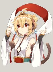 Rule 34 | 1girl, ahoge, andira (granblue fantasy), animal ears, blonde hair, breasts, detached sleeves, erune, fur-trimmed sleeves, fur trim, granblue fantasy, grey background, hagoromo, hair between eyes, hair ornament, hairband, hands up, highres, monkey ears, monkey girl, monkey tail, nifu, parted lips, red eyes, shawl, short hair, sideboob, simple background, small breasts, solo, tail, two side up, upper body, white sleeves