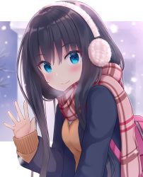 Rule 34 | 1girl, backpack, bag, black hair, black jacket, blazer, blue eyes, breasts, brown scarf, brown sweater, closed mouth, commentary request, earmuffs, hair between eyes, hand up, highres, jacket, long hair, long sleeves, looking at viewer, open clothes, open jacket, original, scarf, school uniform, shuuichi (gothics), sleeves past wrists, small breasts, smile, solo, sweater, upper body, v-neck