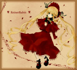 Rule 34 | 00s, 1girl, bad id, bad pixiv id, blonde hair, blue eyes, bonnet, border, capelet, dress, female focus, german text, hand on own chest, long hair, mikanniro, ranguage, red dress, rozen maiden, shinku, solo, standing, text focus, translated, twintails, very long hair